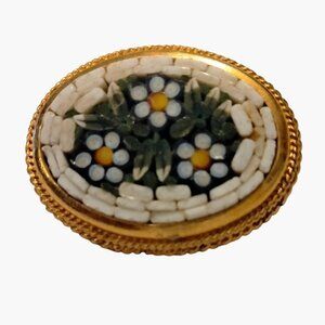Italian Micro Mosaic Oval Floral Brooch Daisy Pin Vintage